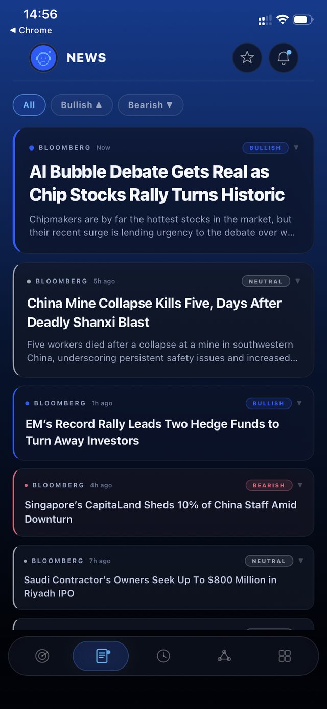 AI news feed with bullish and bearish sentiment tags