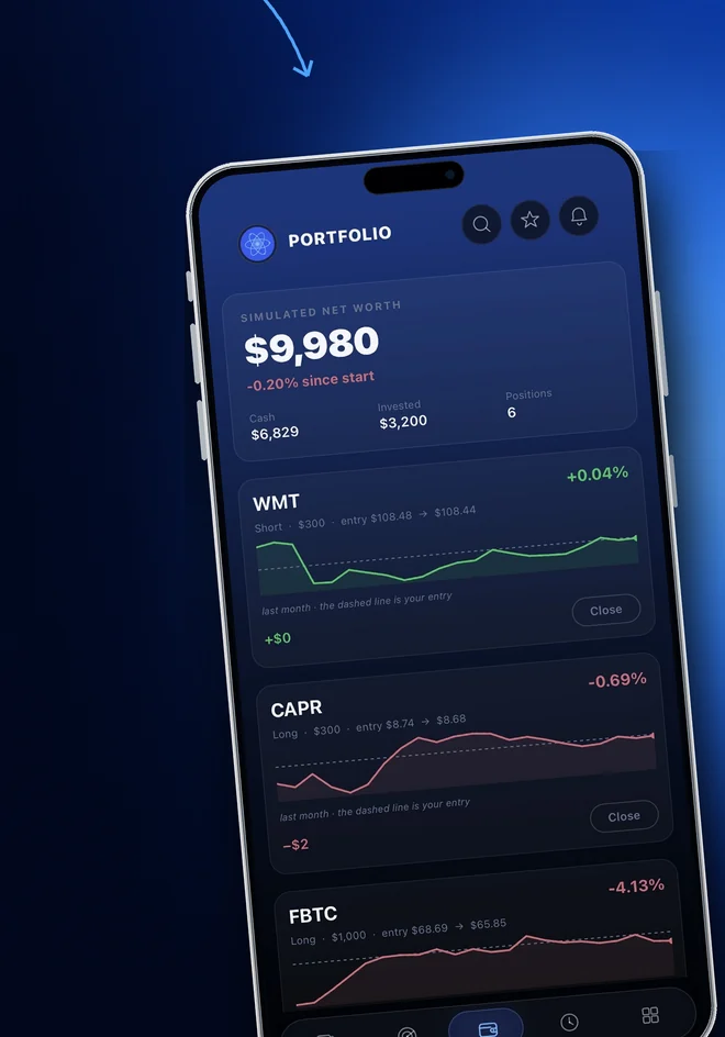 The simulated portfolio inside the app, with open positions and how they are doing